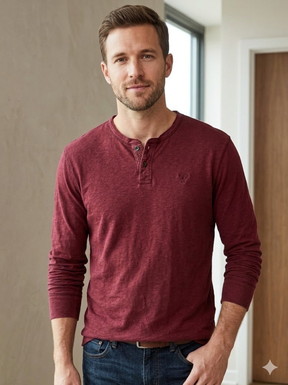 🔥 American Eagle Outfitters Athletic Fit LS Maroon Henley Shirt Logo Men's M